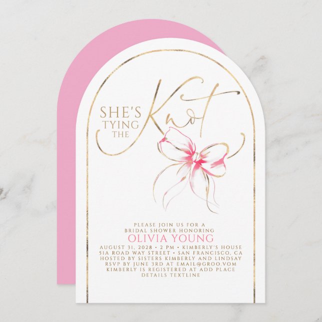 Invitación Chic Pink Bow She's Tying The Knot Bridal Shower (Anverso / Reverso)