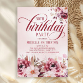 Invitación Chic Pink Burgundy Floral Glam 50th Birthday