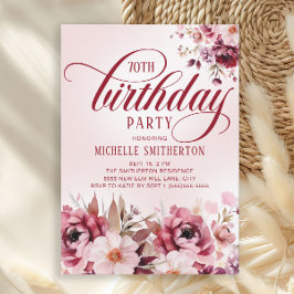 Invitación Chic Pink Burgundy Floral Glam 70th Birthday
