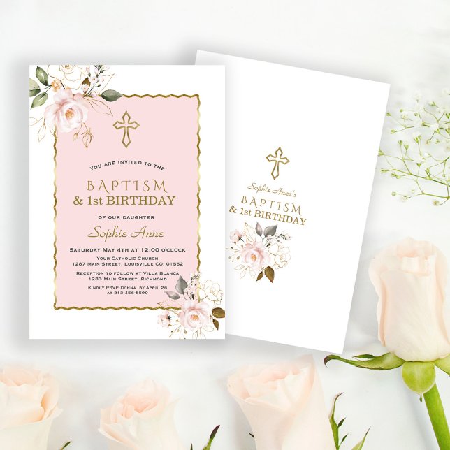 Invitación Chic Pink Gold Floral Girl 1st Birthday &  Baptism (pink floral baptism and 1st birthday invitation, elegant, trendy, modern baptism first birthday )