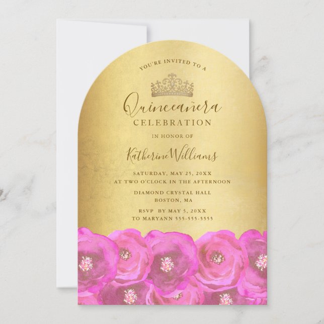 Invitación Chic Pink Rose Floral Gold Crown Quinceañera  (Anverso)