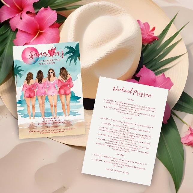 Invitación Chic Pink Tropical Landscape Brunettes Girl (Chic Pink & Blue Shades Tropical Landscape Brunettes Girls Bachelorette Weekend Invitations Cards. )