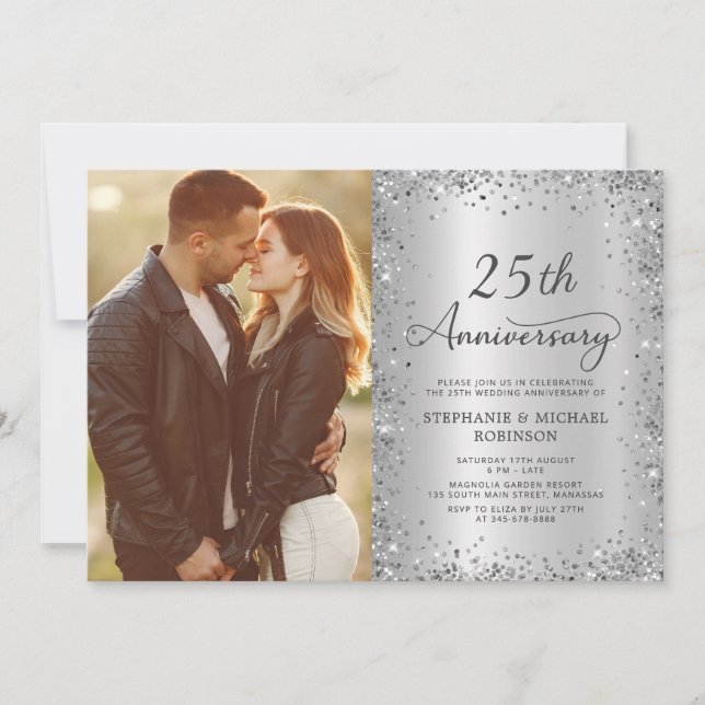 Invitación Chic Plata Brillo Foto 25 Aniversario de Boda (Anverso)