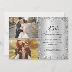 Invitación Chic Plata Brillo Foto 25 Aniversario de Boda