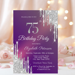 Invitación Chic Plata Brillo Goteo Púrpura 75 Cumpleaños