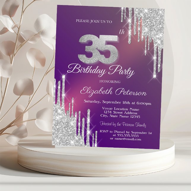Invitación Chic Plata Brillo Goteo Púrpura Cumpleaños 35 (Subido por el creador)