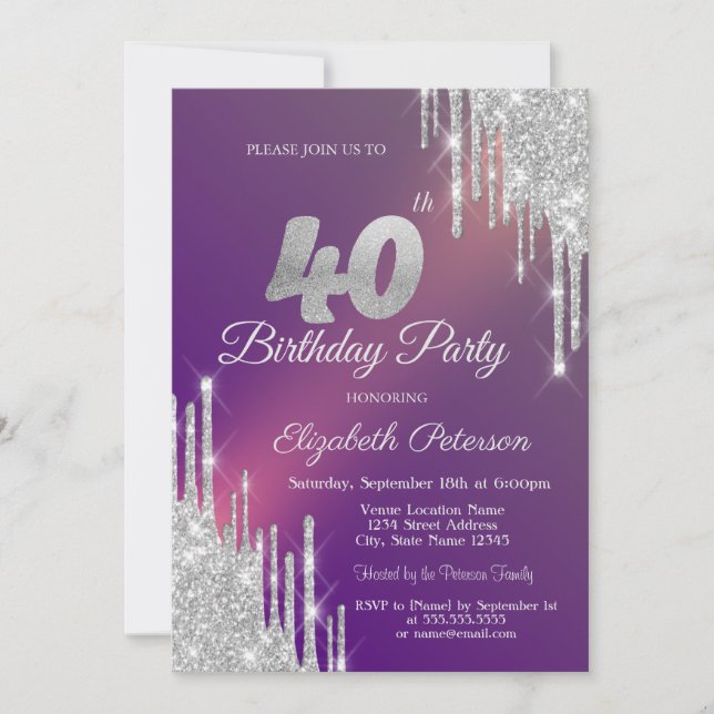 Invitación Chic Plata Brillo Goteo Púrpura Cumpleaños 40 (Anverso)