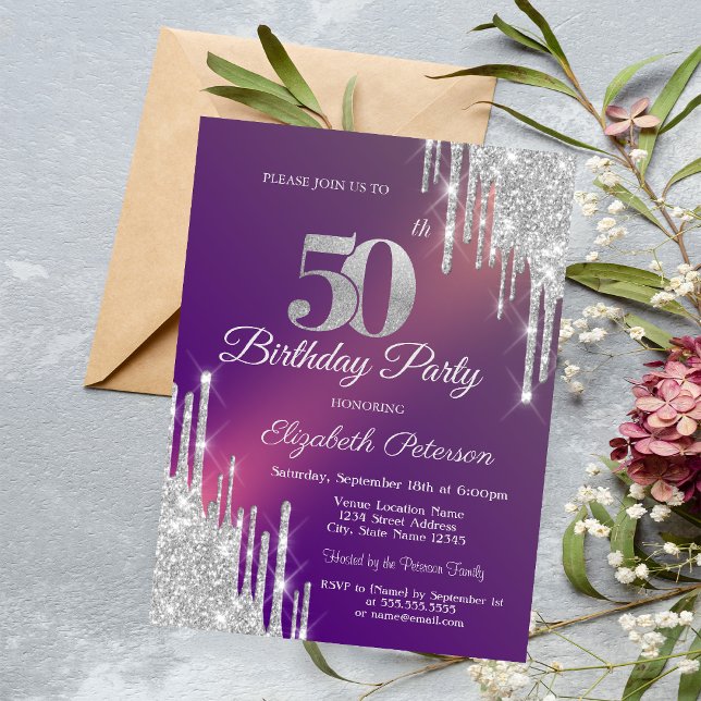 Invitación Chic Plata Brillo Goteo Púrpura Cumpleaños 50 (Subido por el creador)