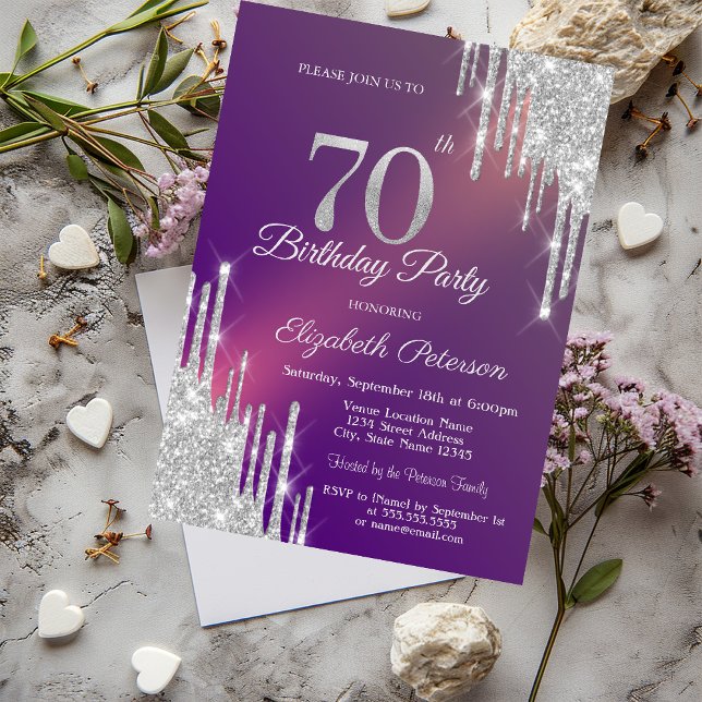 Invitación Chic Plata Brillo Goteo Púrpura Cumpleaños 70 (Subido por el creador)