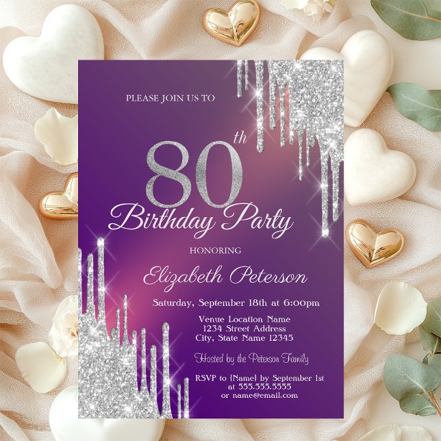 Invitación Chic Plata Brillo Goteo Púrpura Cumpleaños 80 (Subido por el creador)