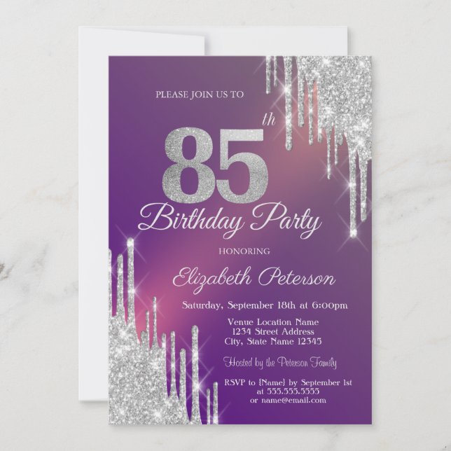 Invitación Chic Plata Brillo Goteo Púrpura Cumpleaños 85 (Anverso)