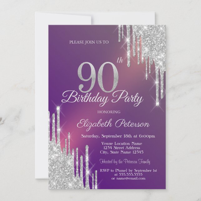 Invitación Chic Plata Brillo Goteo Púrpura Cumpleaños 90 (Anverso)