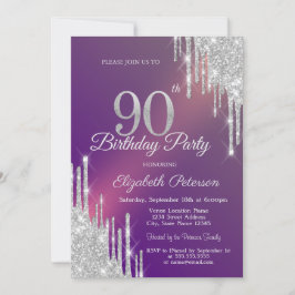 Invitación Chic Plata Brillo Goteo Púrpura Cumpleaños 90