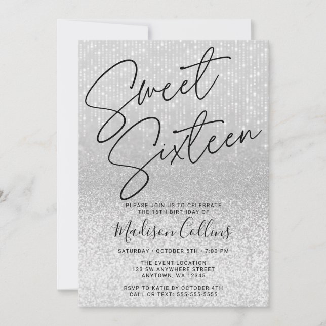 Invitación Chic Plata Brillo Sweet 16 (Anverso)