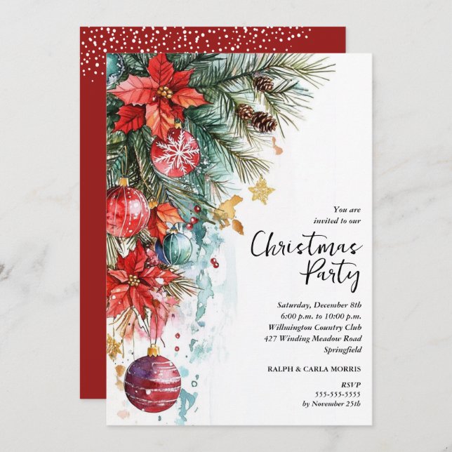 Invitación Chic Poinsettia Christmas Party (Anverso / Reverso)