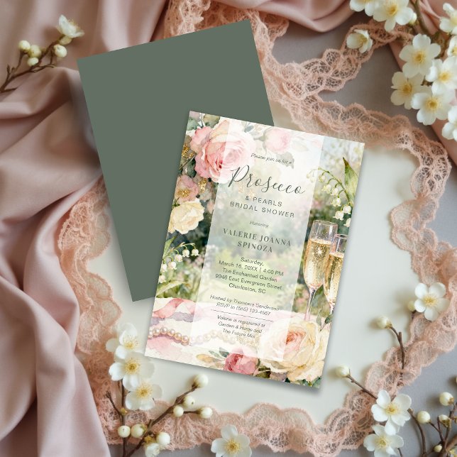 Invitación Chic Prosecco & Pearls Glitter Bridal Shower (Chic Serene Prosecco & Pearls Glitter Bridal Shower Invitation Card Featuring Elegant Feminine Cards)