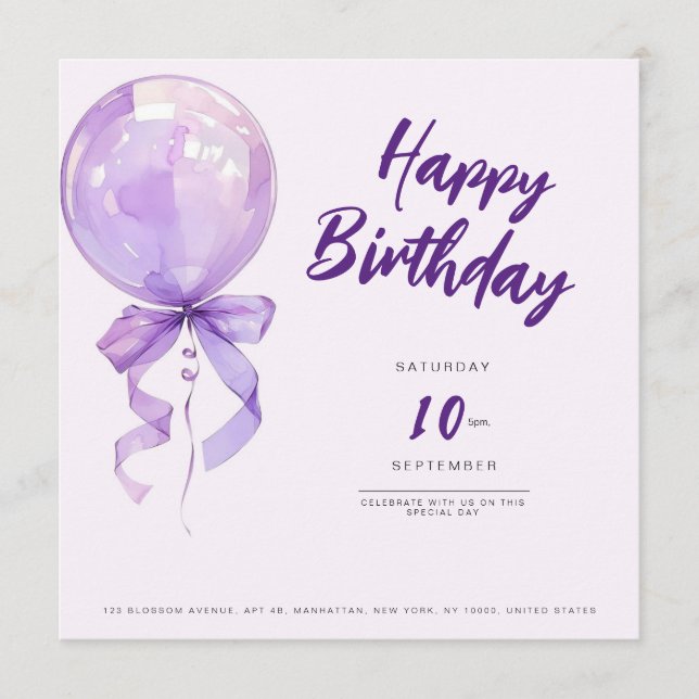 Invitación chic Purple balloons birthday invitation (Anverso)
