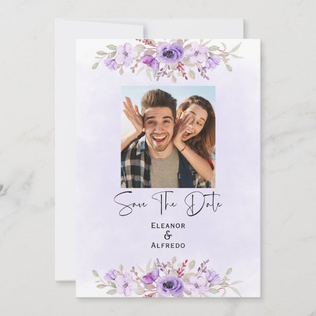 Invitación Chic Purple Floral Wedding Save the Date (Anverso)