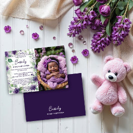 Invitación Chic Purple Garland Floral Photo Christening Baby