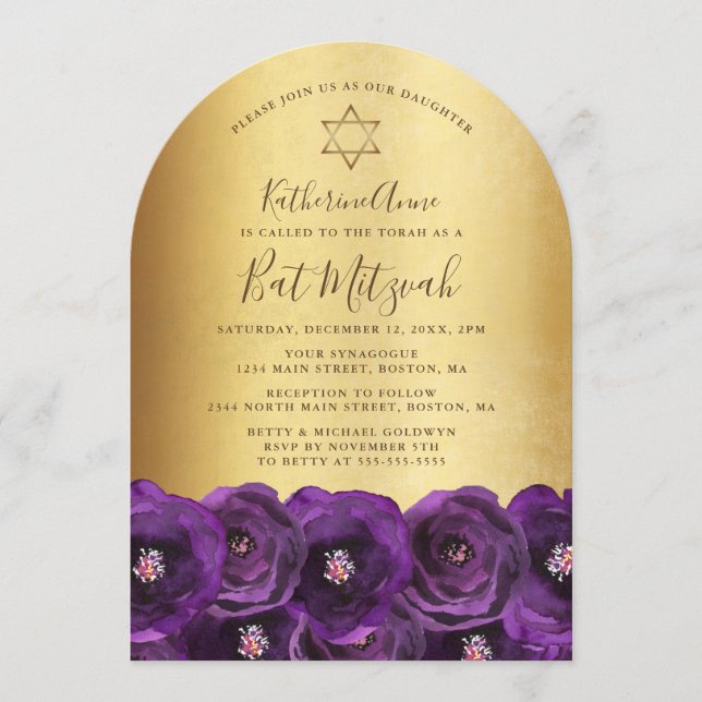 Invitación Chic Purple Rose Floral Gold Bat Mitzvah (Anverso)