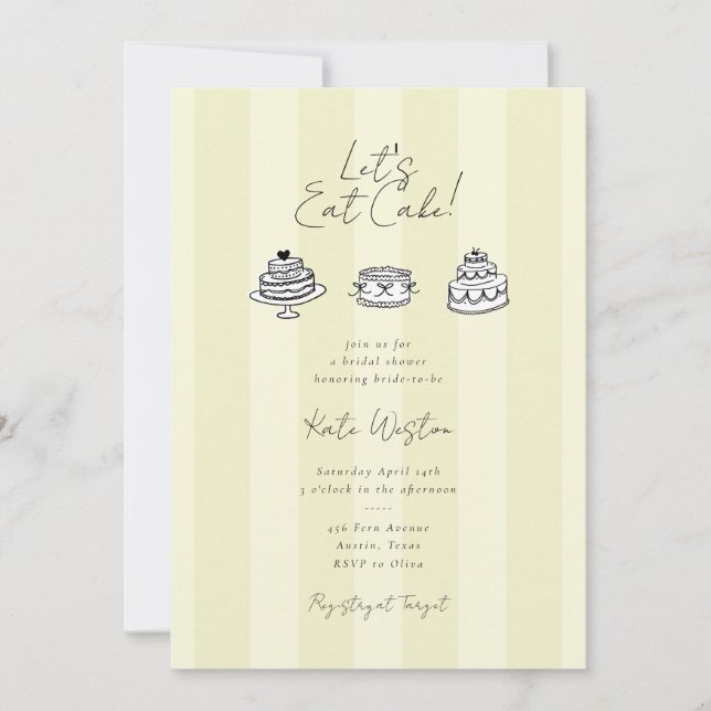 Invitación Chic Rayado Comamos Pastel Amarillo Despedida de S (Anverso)