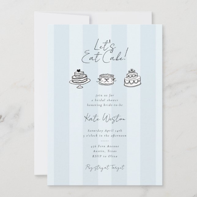 Invitación Chic Rayado Comamos Pastel Azul Despedida de Solte (Anverso)