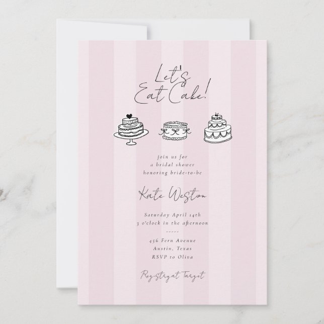Invitación Chic Rayado Comamos Pastel Rosa Despedida de Solte (Anverso)