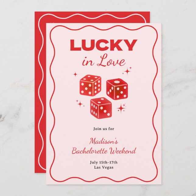 Invitación Chic Red Pink Lucky In Love Bachelorette Itinerary (Anverso / Reverso)