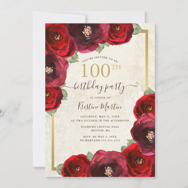 Invitación Chic Red Rose Water Floral Gold 100th Birthday (Anverso)