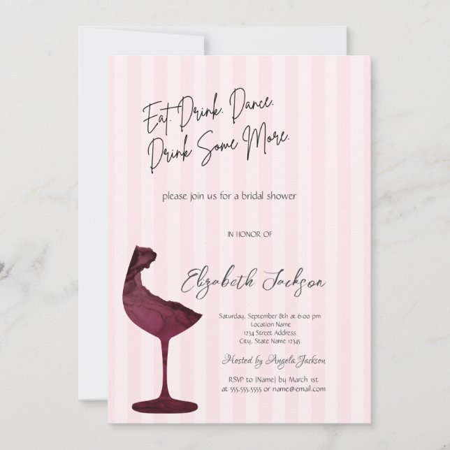 Invitación Chic Red Wine Glass Pink Striped  (Anverso)