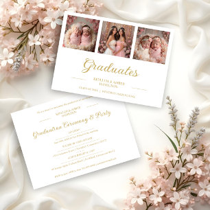 Invitación Chic Romantic Then & Now 3-Photo Twins Double Grad