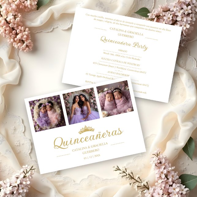 Invitación Chic Romantic Then & Now 3-Photo Twins Quinceañera (Spanish Chic Romantic Then & Now 3-Photo Twins Double Quinceañeras Celebration Invitation Cards.)