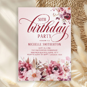 Invitación Chic Rosa Borgoña Floral Glam 50 Cumpleaños