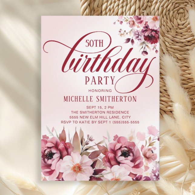 Invitación Chic Rosa Borgoña Floral Glam 50 Cumpleaños (Burgundy and pink watercolor floral 50th birthday party invitation)
