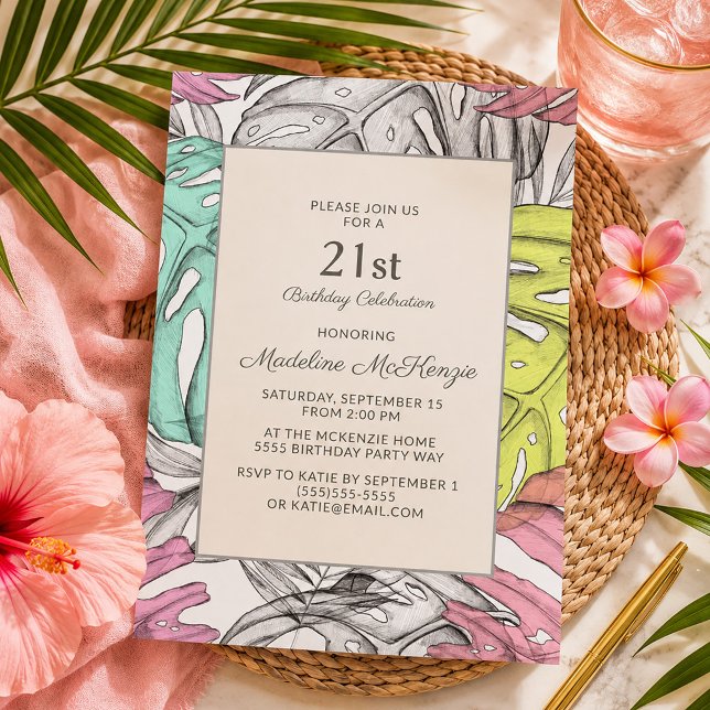 Invitación Chic Rosa Botánico Hoja de Palma Tropical 21  (Chic pink, teal, and yellow tropical leaves 21st birthday invitation)