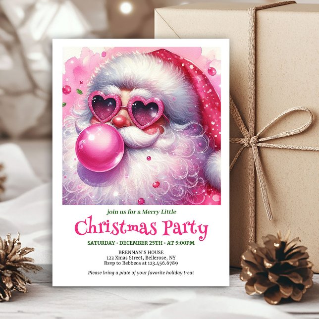 Invitación Chic rosa burbuja de chicle de santa navidad en ac (Chic pink santa bubble gum watercolor Christmas invite)
