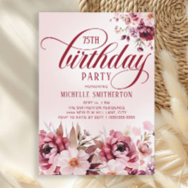 Invitación Chic Rosa Burdeos Floral Glam 75 Cumpleaños