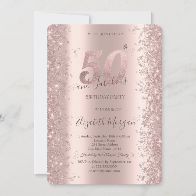 Invitación Chic Rosa Dorado Brillante Diamantes 50 Cumpleaños (Anverso)