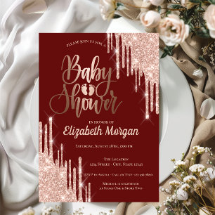 Invitación Chic Rosa Dorado Brillo Goteo Burgundy Baby Shower