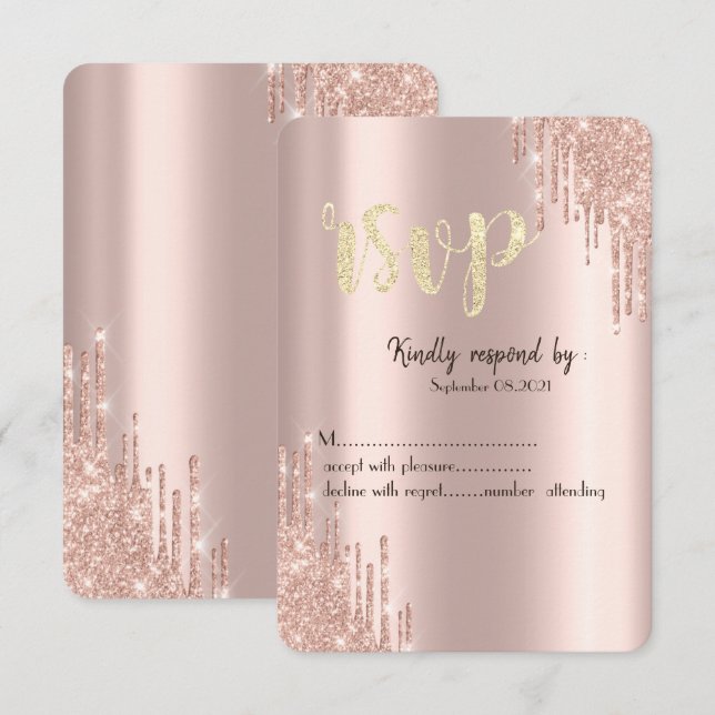 Invitación Chic Rosa Dorado Brillo Goteo RSVP (Anverso / Reverso)
