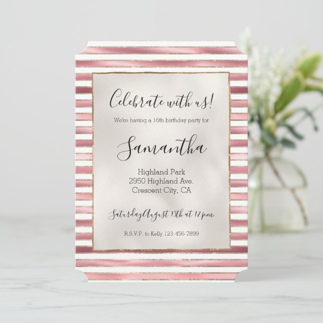 Invitación Chic Rosa Dorado Glam Blanco Rayas (Anverso de pie)