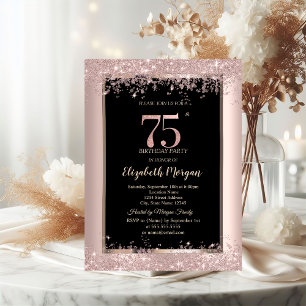 Invitación Chic Rosa Dorado Glitter Brillantes 75 Cumpleaños