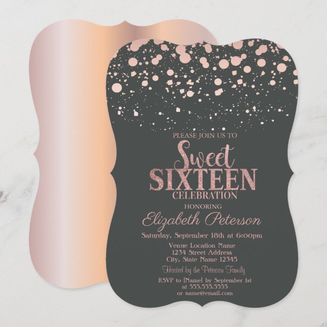 Invitación Chic Rosa Dorado Puntos Gris Dulce 16 (Anverso / Reverso)