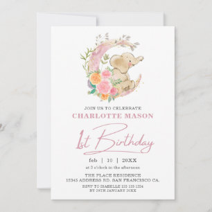 Invitación Chic Rosa Floral Luna Niña Elefante Cumpleaños 1