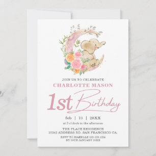 Invitación Chic Rosa Floral Luna Niña Elefante Cumpleaños 1