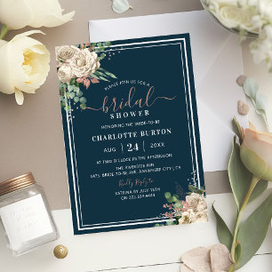 Invitación Chic Rosa Florales y Desayuno Nupcial Navy