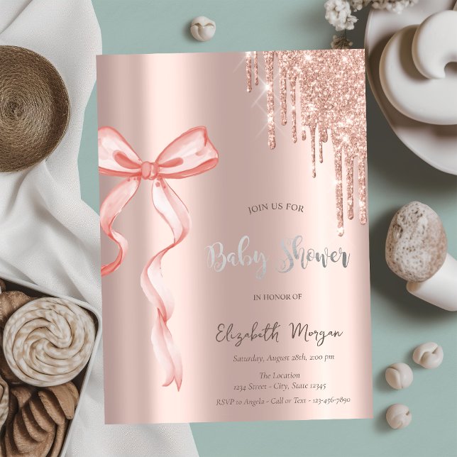 Invitación Chic Rosa Lazos Rosa Drips Baby Shower (Subido por el creador)