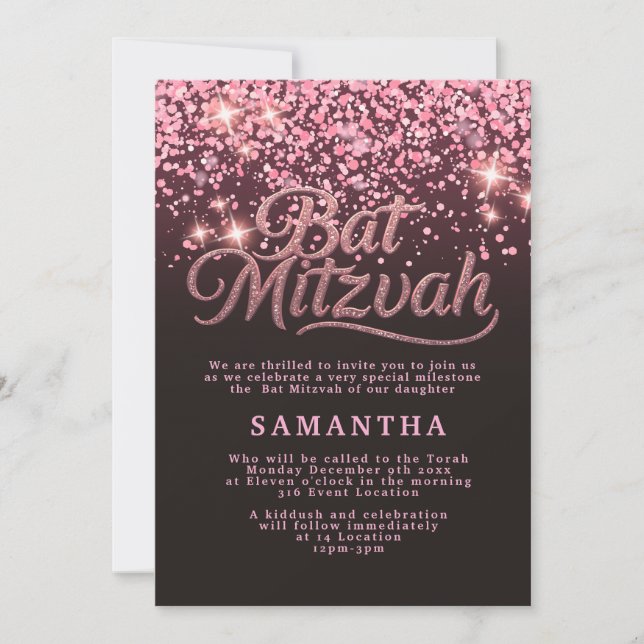 Invitación Chic Rosa Oro & Negro para Bat Mitzvah (Anverso)
