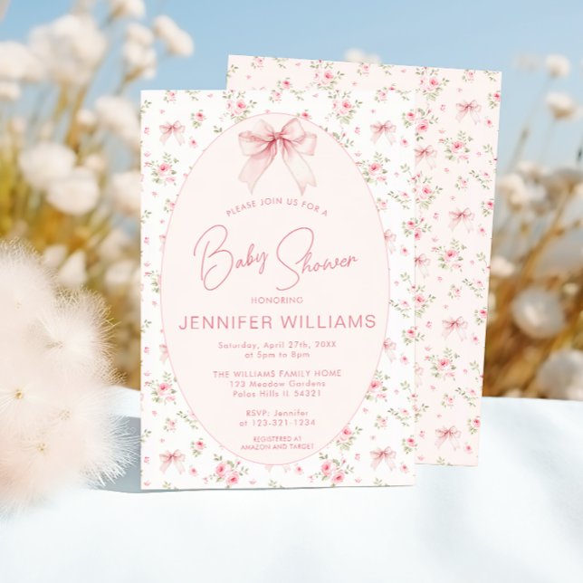 Invitación Chic Rosa Rosa Cute Shabby Bow Bow (Subido por el creador)