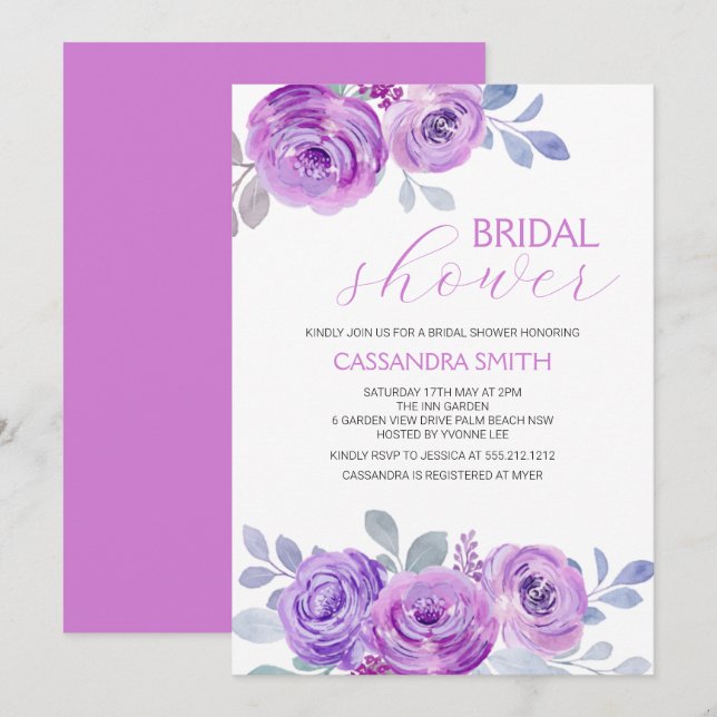 Invitación Chic Rosa Violeta Jardinería Floral Despedida de S (Anverso / Reverso)